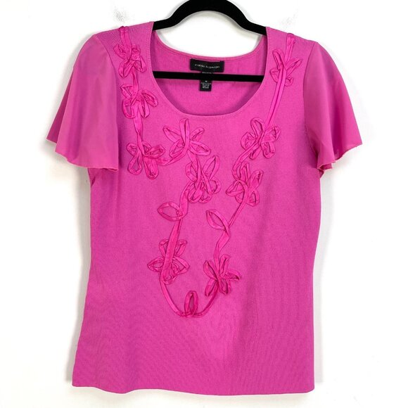 Cable & Gauge Top Womens Medium Pink Flutter Short Sleeve Stretch Shirt - Picture 7 of 10